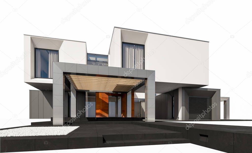 3d rendering of modern cozy house by the river with garage for sale or rent. Isolated on white.