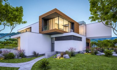 modern rahat ev Satılık garaj ile nehir veya arka plan üzerinde güzel dağları ile kira 3D render. Yaz gecesi mavi gökyüzü ile temizleyin. Penceresinden rahat ılık ışık.