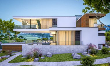 modern rahat ev Satılık garaj ile nehir veya arka plan üzerinde güzel dağları ile kira 3D render. Yaz gecesi mavi gökyüzü ile temizleyin. Penceresinden rahat ılık ışık.