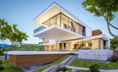modern rahat ev Satılık garaj ile nehir veya arka plan üzerinde güzel dağları ile kira 3D render. Yaz gecesi mavi gökyüzü ile temizleyin. Penceresinden rahat ılık ışık.