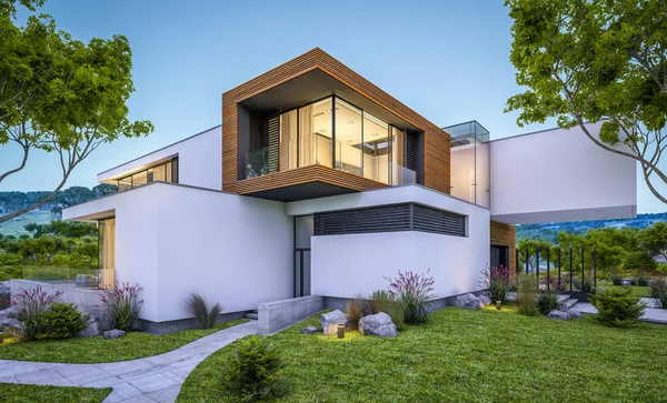 modern rahat ev Satılık garaj ile nehir veya arka plan üzerinde güzel dağları ile kira 3D render. Yaz gecesi mavi gökyüzü ile temizleyin. Penceresinden rahat ılık ışık.