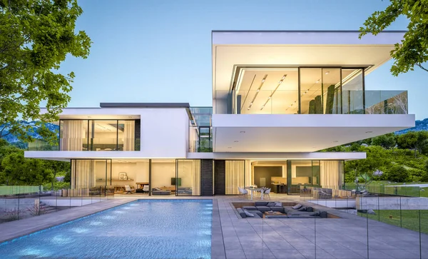 modern rahat ev Satılık garaj ile nehir veya arka plan üzerinde güzel dağları ile kira 3D render. Yaz gecesi mavi gökyüzü ile temizleyin. Penceresinden rahat ılık ışık.