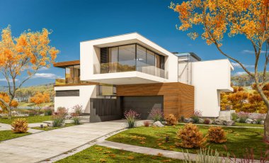 modern rahat ev Satılık garaj ile nehir veya arka plan üzerinde güzel dağları ile kira 3D render. Bulutsuz gökyüzü ile açık güneşli sonbahar günü.