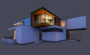 modern rahat ev 3D render Satılık ve kiralık garaj ile gece. Gri izole.