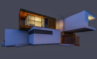 modern rahat ev 3D render Satılık ve kiralık garaj ile gece. Gri izole.