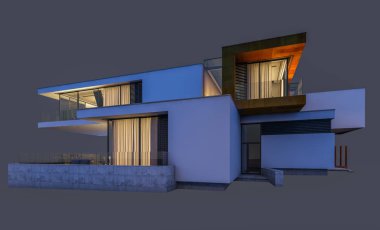 modern rahat ev 3D render Satılık ve kiralık garaj ile gece. Gri izole.