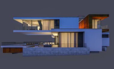 modern rahat ev 3D render Satılık ve kiralık garaj ile gece. Gri izole.