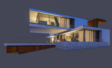 modern rahat ev 3D render Satılık ve kiralık garaj ile gece. Gri izole.