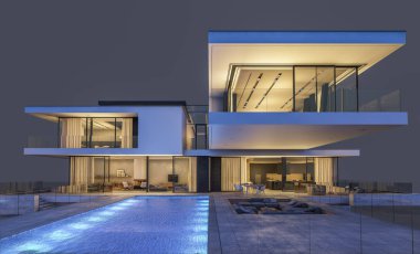 modern rahat ev 3D render Satılık ve kiralık garaj ile gece. Gri izole.