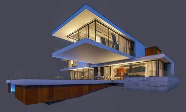 Rendering Moderna Casa Accogliente Notte Con Garage Vendita Affitto Isolato — Foto Stock