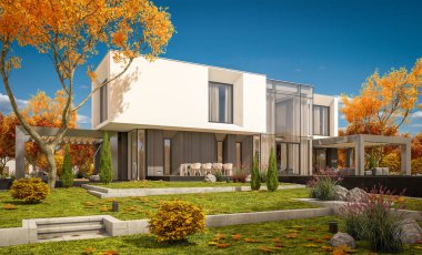 Satılık garaj ile bahçe veya arka plan üzerinde güzel ağaçlar ile kira modern rahat evde 3D render. Bulutsuz gökyüzü ile açık güneşli sonbahar günü.