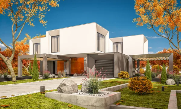 3d rendering of modern cozy house in the garden with garage for sale or rent with beautiful trees on background. Clear sunny autumn day with cloudless sky.