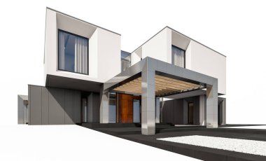 Satılık ve Kiralık garaj ile nehrin yanında modern rahat ev 3D render. Beyaz izole.