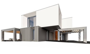 Satılık ve Kiralık garaj ile nehrin yanında modern rahat ev 3D render. Beyaz izole.