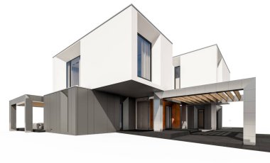 Satılık ve Kiralık garaj ile nehrin yanında modern rahat ev 3D render. Beyaz izole.