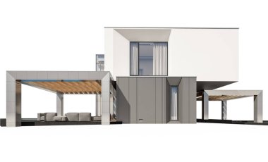 Satılık ve Kiralık garaj ile nehrin yanında modern rahat ev 3D render. Beyaz izole.