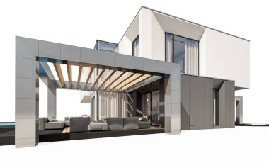 Satılık ve Kiralık garaj ile nehrin yanında modern rahat ev 3D render. Beyaz izole.