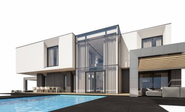 Satılık ve Kiralık garaj ile nehrin yanında modern rahat ev 3D render. Beyaz izole.