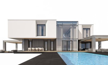 Satılık ve Kiralık garaj ile nehrin yanında modern rahat ev 3D render. Beyaz izole.