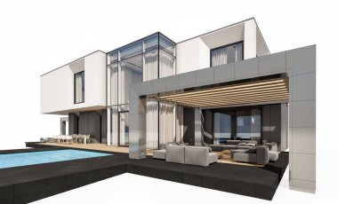 Satılık ve Kiralık garaj ile nehrin yanında modern rahat ev 3D render. Beyaz izole.