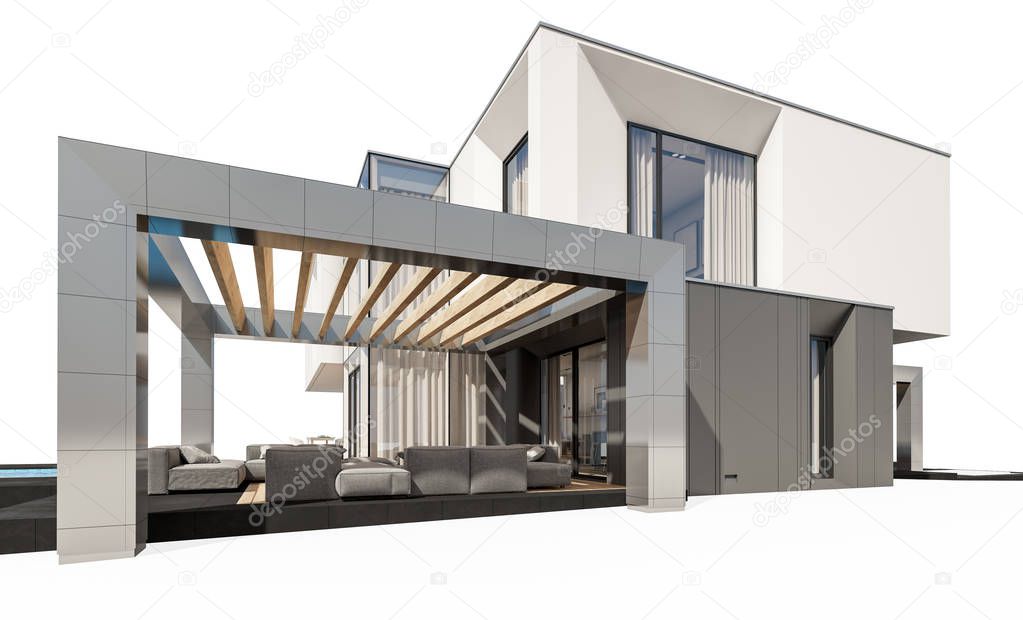 3d rendering of modern cozy house by the river with garage for sale or rent. Isolated on white.