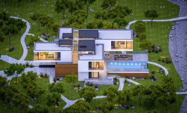 modern rahat ev Satılık garaj ile nehir veya arka plan üzerinde güzel dağları ile kira 3D render. Yaz gecesi mavi gökyüzü ile temizleyin. Penceresinden rahat ılık ışık.