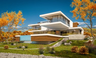 modern rahat ev Satılık garaj ile nehir veya arka plan üzerinde güzel dağları ile kira 3D render. Bulutsuz gökyüzü ile açık güneşli sonbahar günü.