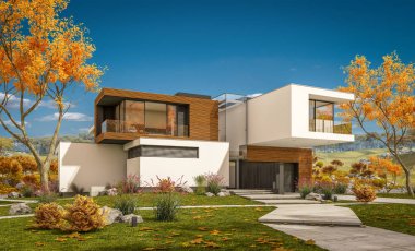 modern rahat ev Satılık garaj ile nehir veya arka plan üzerinde güzel dağları ile kira 3D render. Bulutsuz gökyüzü ile açık güneşli sonbahar günü.