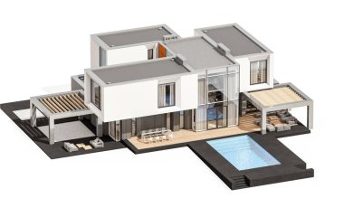 Satılık ve Kiralık garaj ile nehrin yanında modern rahat ev 3D render. Beyaz izole.