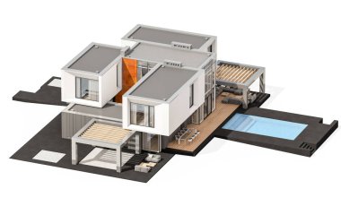 Satılık ve Kiralık garaj ile nehrin yanında modern rahat ev 3D render. Beyaz izole.