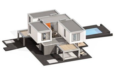 Satılık ve Kiralık garaj ile nehrin yanında modern rahat ev 3D render. Beyaz izole.