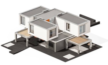 Satılık ve Kiralık garaj ile nehrin yanında modern rahat ev 3D render. Beyaz izole.