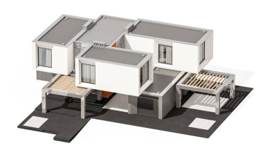 Satılık ve Kiralık garaj ile nehrin yanında modern rahat ev 3D render. Beyaz izole.