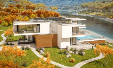 modern rahat ev Satılık garaj ile nehir veya arka plan üzerinde güzel dağları ile kira 3D render. Bulutsuz gökyüzü ile açık güneşli sonbahar günü.