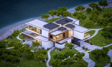 modern rahat ev Satılık garaj ile nehir veya arka plan üzerinde güzel dağları ile kira 3D render. Yaz gecesi mavi gökyüzü ile temizleyin. Penceresinden rahat ılık ışık.