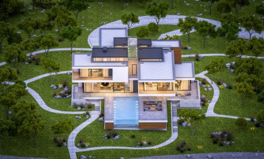 modern rahat ev Satılık garaj ile nehir veya arka plan üzerinde güzel dağları ile kira 3D render. Yaz gecesi mavi gökyüzü ile temizleyin. Penceresinden rahat ılık ışık.