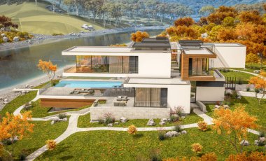 modern rahat ev Satılık garaj ile nehir veya arka plan üzerinde güzel dağları ile kira 3D render. Bulutsuz gökyüzü ile açık güneşli sonbahar günü.
