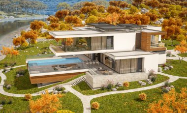 modern rahat ev Satılık garaj ile nehir veya arka plan üzerinde güzel dağları ile kira 3D render. Bulutsuz gökyüzü ile açık güneşli sonbahar günü.