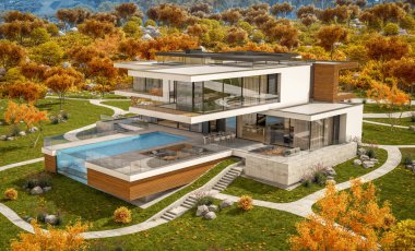 modern rahat ev Satılık garaj ile nehir veya arka plan üzerinde güzel dağları ile kira 3D render. Bulutsuz gökyüzü ile açık güneşli sonbahar günü.