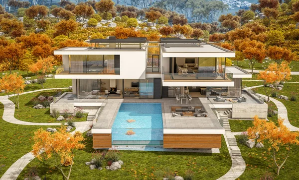 Rendering Von Modernen Gemütlichen Haus Fluss Mit Garage Zum Verkauf — Stockfoto