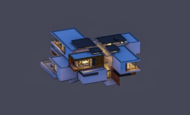 modern rahat ev 3D render Satılık ve kiralık garaj ile gece. Gri izole.