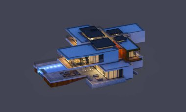 modern rahat ev 3D render Satılık ve kiralık garaj ile gece. Gri izole.