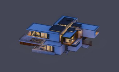 modern rahat ev 3D render Satılık ve kiralık garaj ile gece. Gri izole.