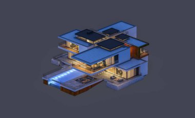 modern rahat ev 3D render Satılık ve kiralık garaj ile gece. Gri izole.