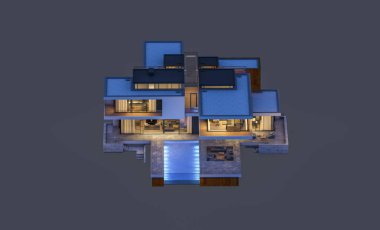 modern rahat ev 3D render Satılık ve kiralık garaj ile gece. Gri izole.