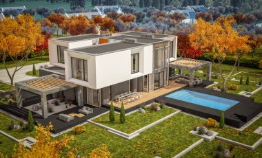 Satılık garaj ile bahçe veya arka plan üzerinde güzel ağaçlar ile kira modern rahat evde 3D render. Bulutsuz gökyüzü ile açık güneşli sonbahar günü.