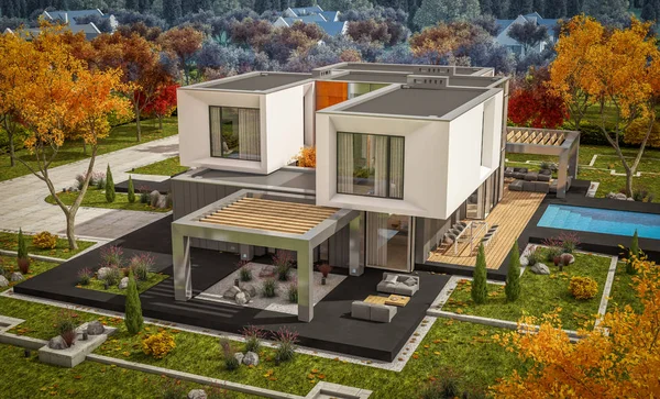 Rendering Von Modernen Gemütlichen Haus Garten Mit Garage Zum Verkauf — Stockfoto