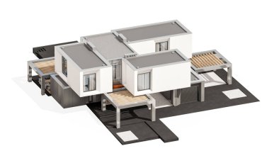 Satılık ve Kiralık garaj ile nehrin yanında modern rahat ev 3D render. Beyaz izole.