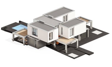 Satılık ve Kiralık garaj ile nehrin yanında modern rahat ev 3D render. Beyaz izole.