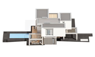 Satılık ve Kiralık garaj ile nehrin yanında modern rahat ev 3D render. Beyaz izole.